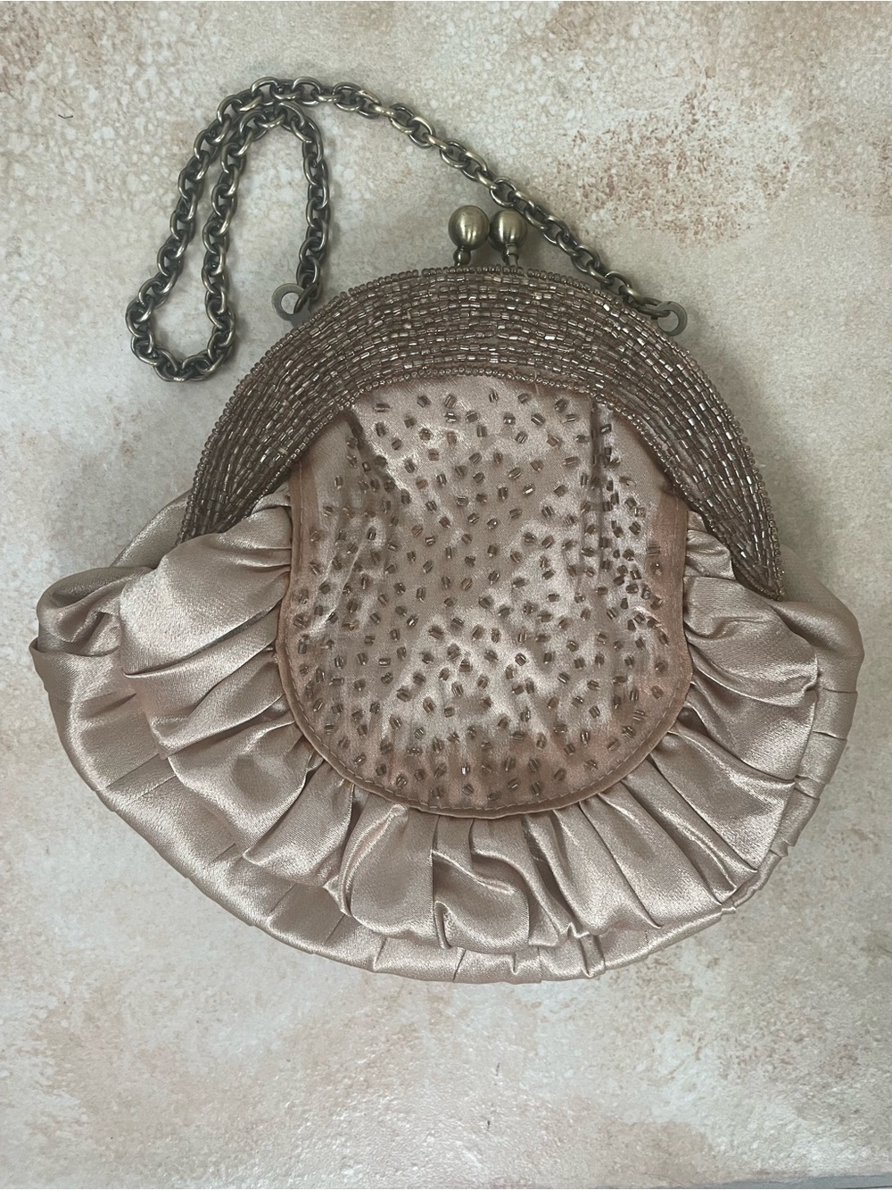 BCBGMaxAzria glamorous champagne satin beaded evening clutch, gold chain